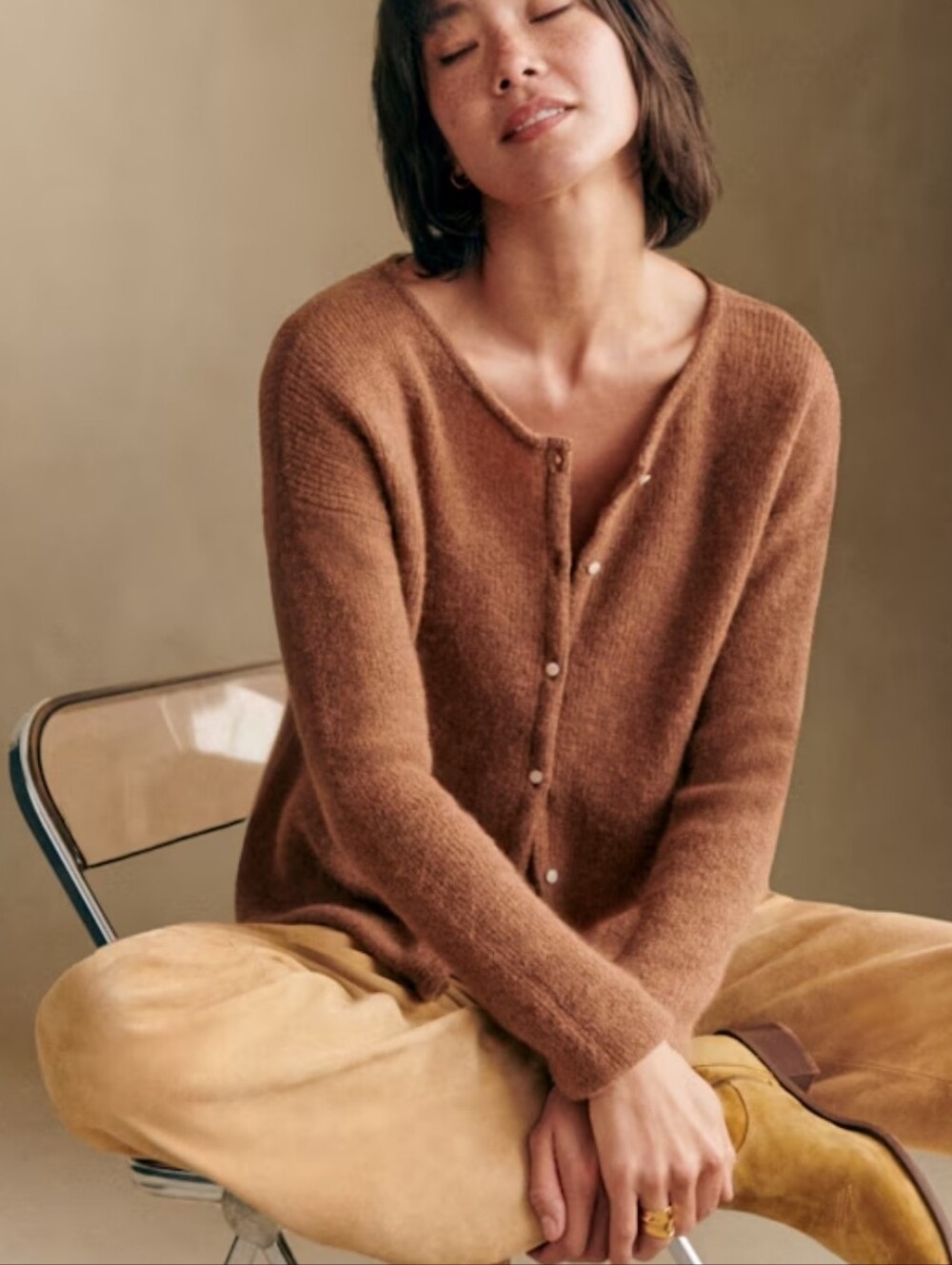 Sezane Gaspard Camel Reversible Mohair Alpaca Cardigan Sweater - S